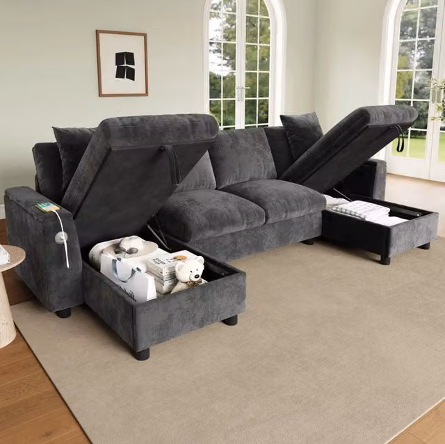 Divano a U in ciniglia con chaise longue contenitore; USB e Type-C; 279×135×84 cm; grigio