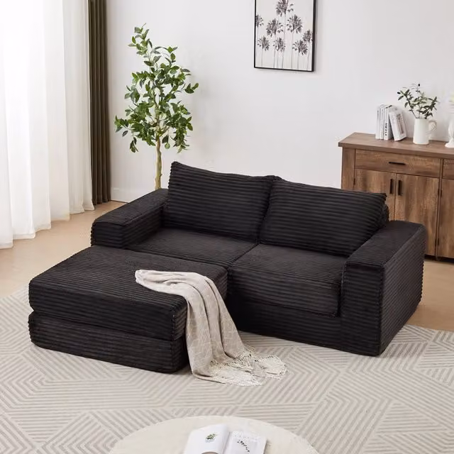 Divano letto modulare con pouf rimovibile, braccioli quadrati e configurazione flessibile in velluto a coste nero