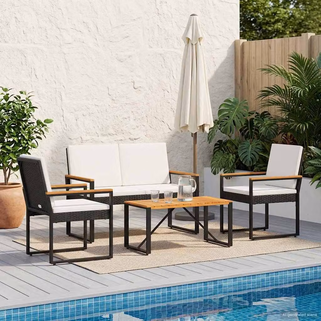 Set di mobili da esterno vidaXL in 4 pezzi in polyrattan con legno di acacia oliato, colori nero e bianco crema