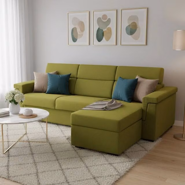 Divano Letto Ganzaria DMORA con Penisola Sfoderabile e Struttura in Legno, L/P/H: 285 x 160 cm, Verde