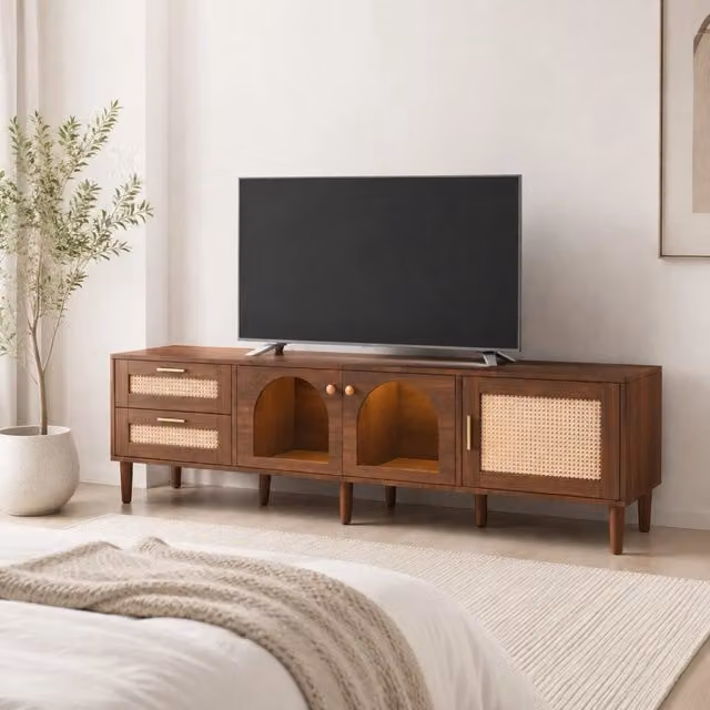 Mobile porta TV 180 cm marrone con LED; 2 cassetti in rattan; 2 ante in vetro ad arco e 1 anta in rattan