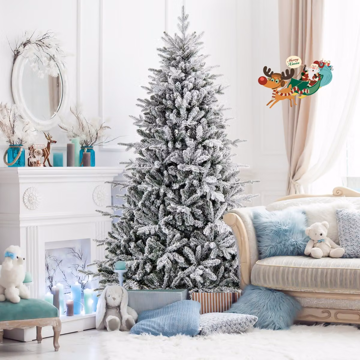 Albero di Natale artificiale innevato Costway con luci LED e 8 modalità luminose, Altezza: 218 cm