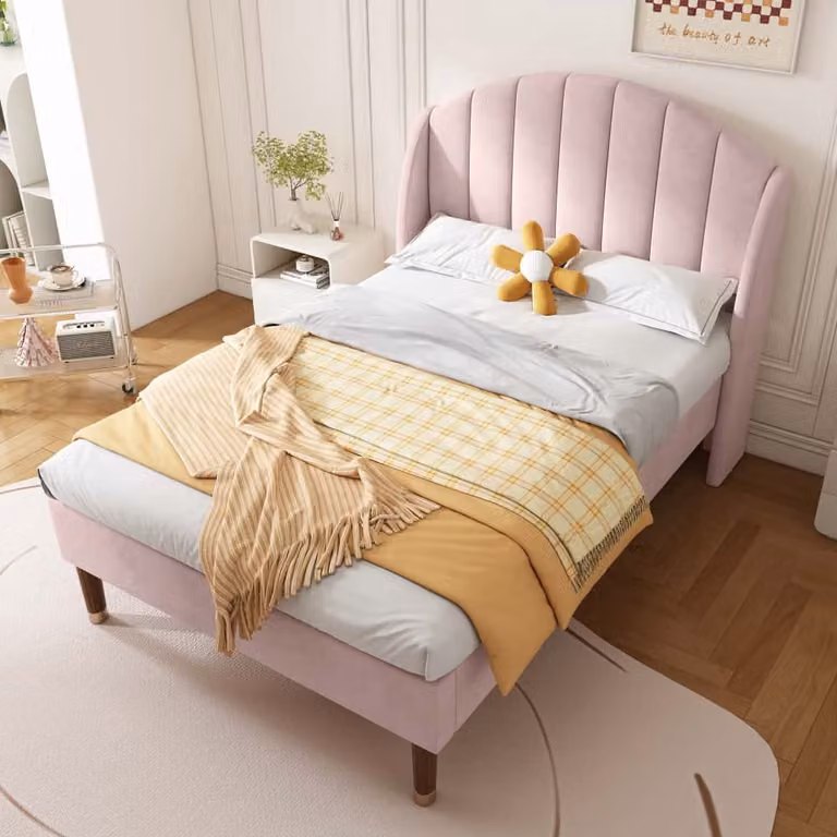 Letto imbottito AIORBER, 90x200 cm, velluto, con rete a doghe e testata imbottita, letto singolo, con robusti piedini da 20 cm, supporto in legno, stabilità, rosa