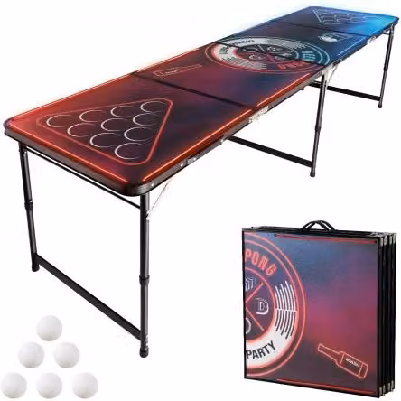 VEVOR Tavolo da Beer Pong Portatile 2,4 m con Luci a LED, Tavolo Pieghevole con Maniglia per Trasporto e 6 Palline da Pong, Altezza Regolabile 2 Livelli 710 mm 520 mm Carico max 30 kg, Feste