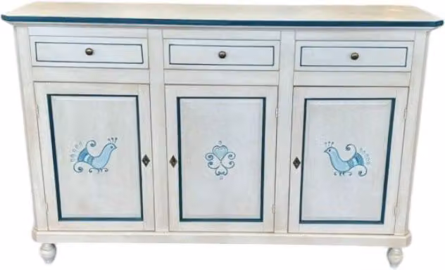 Madia credenza con 3 porte in legno bianco anticato e decoro pavoncella blu Mobili 2G L/P/H: 150 x 43 x 98 cm – 1