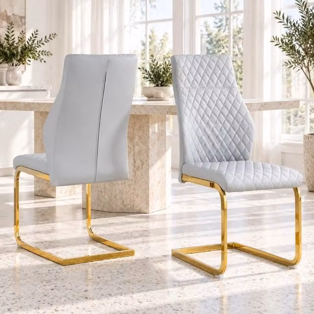 Set 2 sedie da pranzo con schienale alto in PU grigio chiaro e struttura dorata HAVRYA