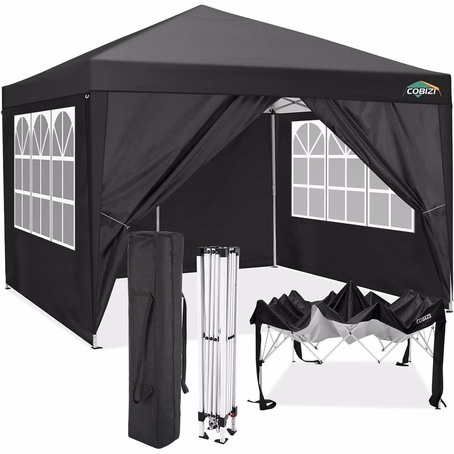 Gazebo da esterno 3x3 metri, impermeabile, con protezione UV 50+ e 4 pannelli laterali, colore nero
