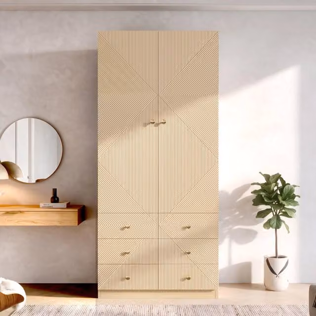 Armadio 90 x 50 x 200 cm; 2 ante a battente; 1 asta appendiabiti; 6 cassetti; contenitore multifunzione; effetto rovere
