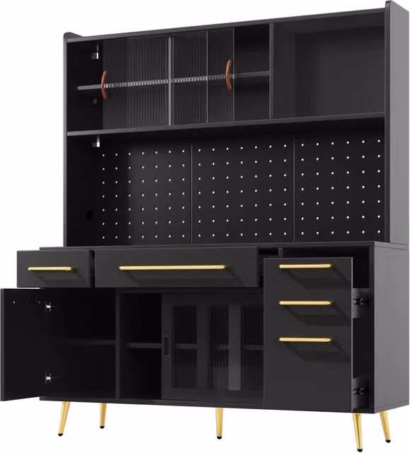 Sideboard moderno con illuminazione LED, armadio alto con pannello forato, cassetti e anta scorrevole in MDF nero per cucina e soggiorno