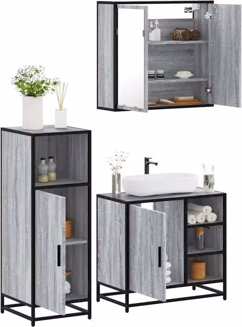 Set Mobili da Bagno 3 pz Grigio Sonoma in Legno Multistrato 3300968