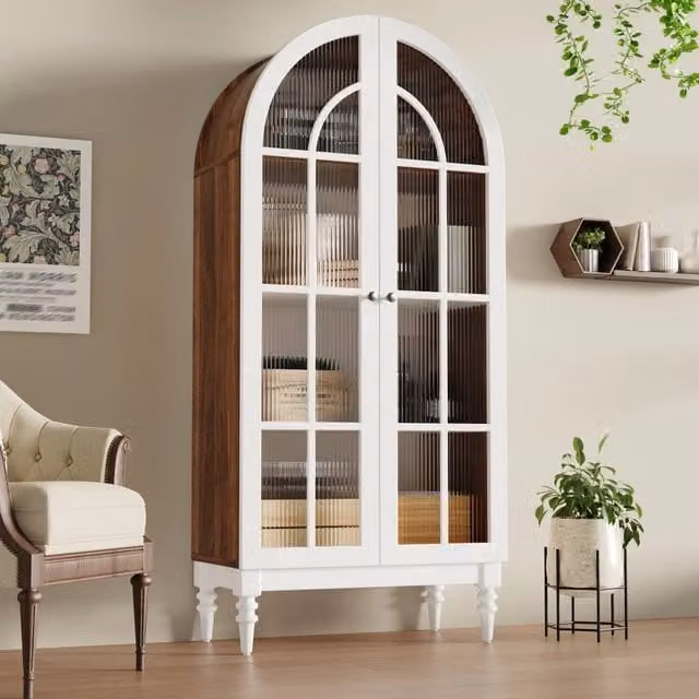 Vetrina ad arco 165 cm, ante doppie in vetro scanalato, 3 ripiani, colori noce e bianco
