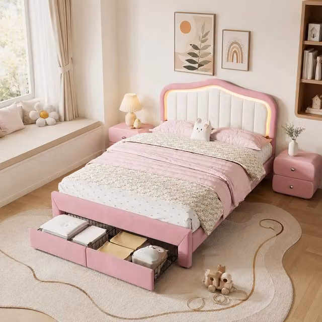 Letto imbottito rosa 140x200 cm con due cassetti LED controllata da app in velluto