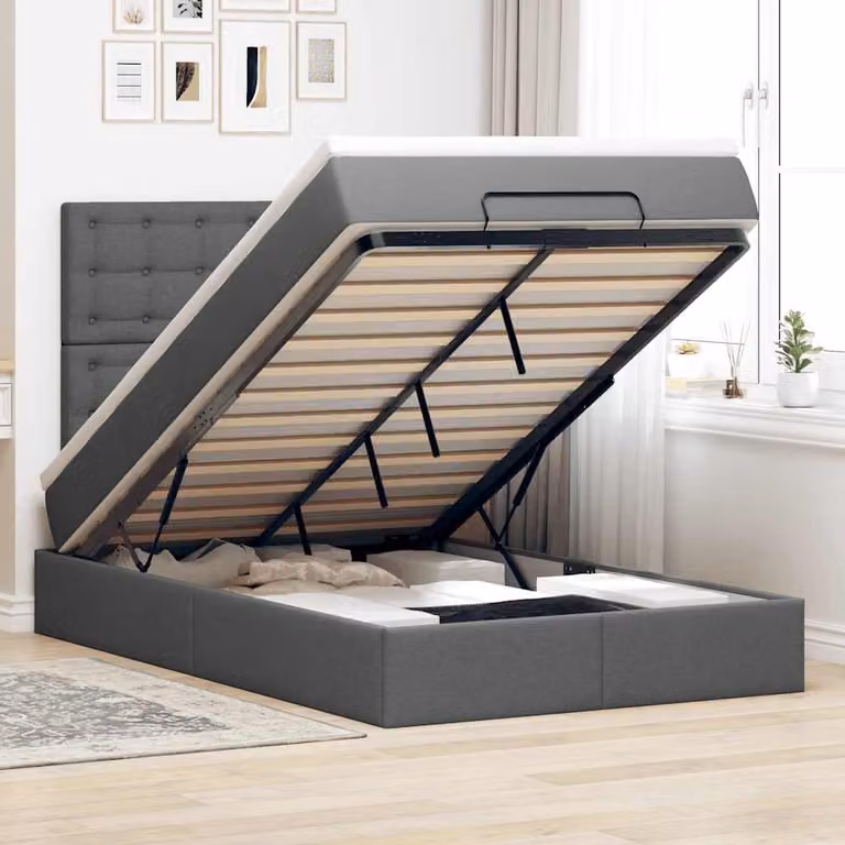 Letto con Pouf e Materasso vidaXL in Tessuto con Base a Sollevamento, Illuminazione Sotto il Letto e Porta USB, Grigio e Bianco, L/P/H: 200 x 80 x 120 cm