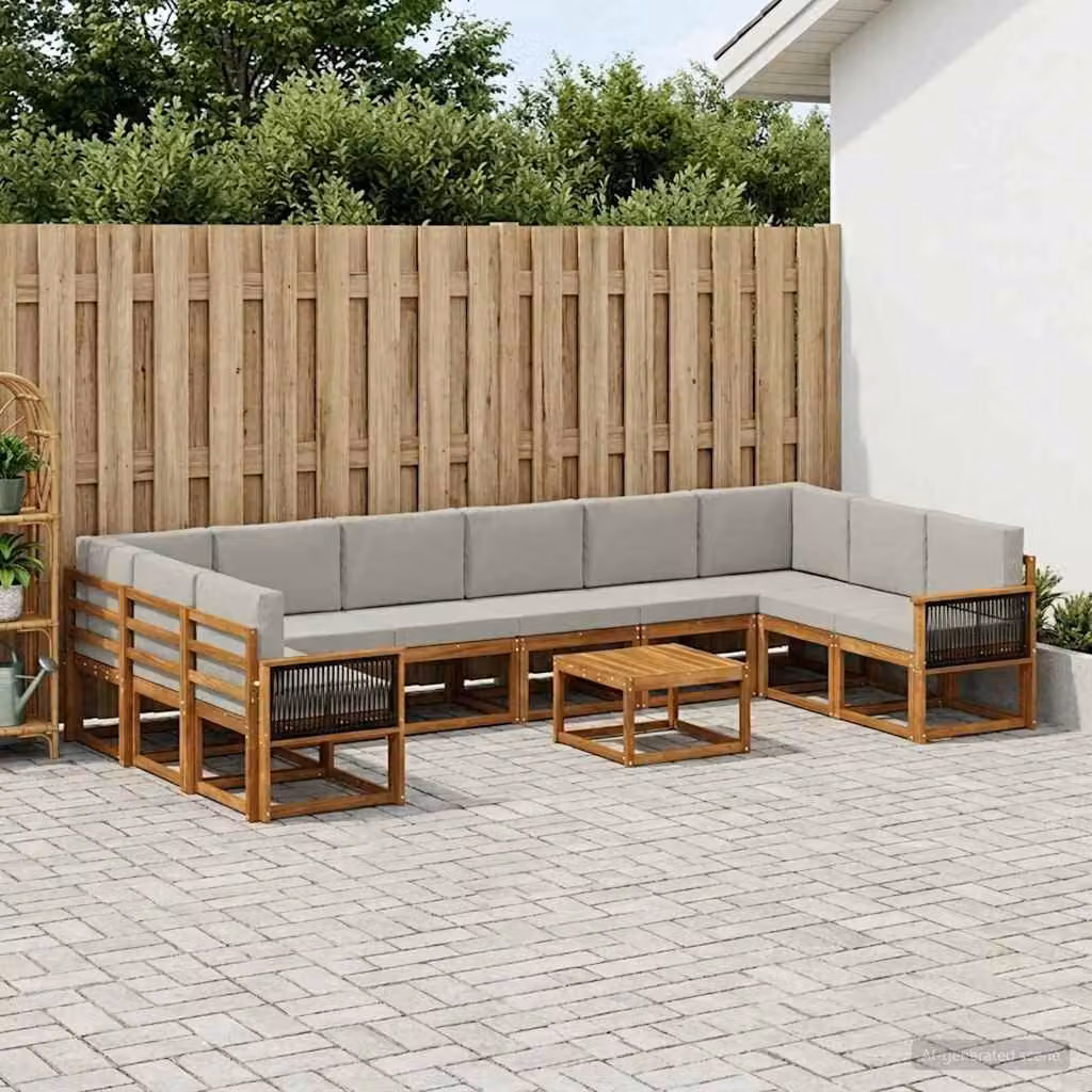 vidaXL Set di divani da esterno 11 pz in legno di acacia con cuscini, marrone e grigio