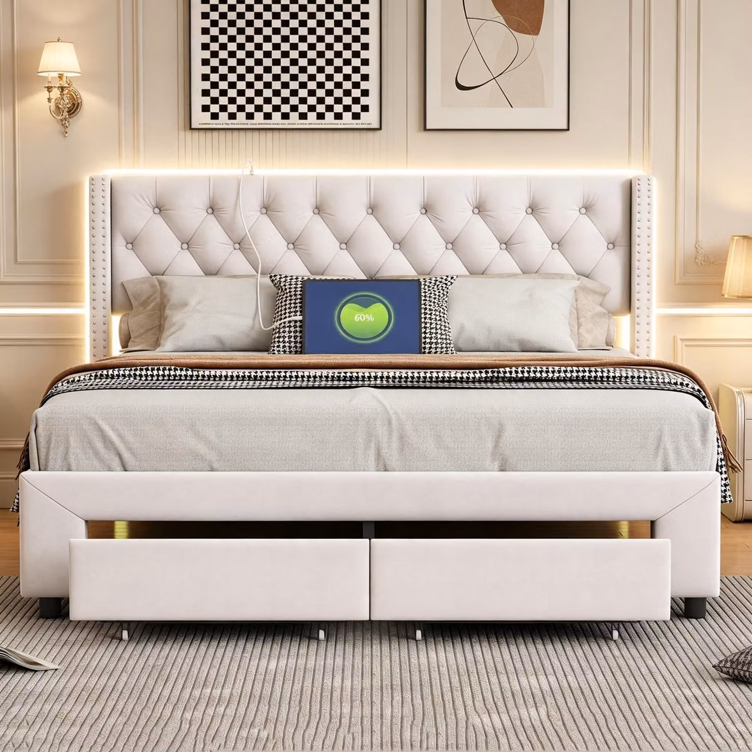 Letto imbottito INONEFT, 160x200 cm, con contenitore e rete a doghe, letto matrimoniale con LED e USB, dotato di 2 cassetti, testiera decorata con borchie, rivestito in velluto, colore beige