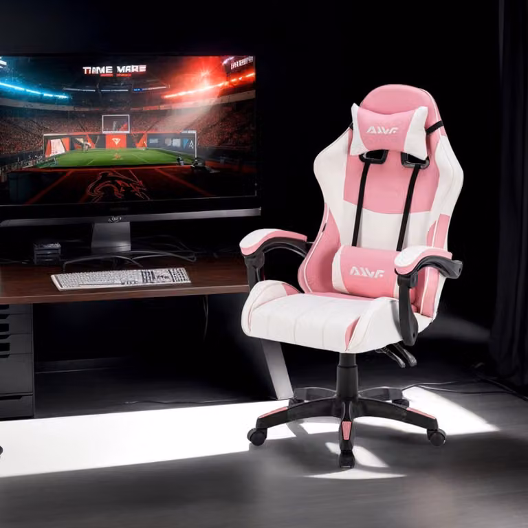 Sedia da gaming – Sedia da gaming ergonomica con cuscini in memory foam e rotazione a 360° – Rosa/Bianco