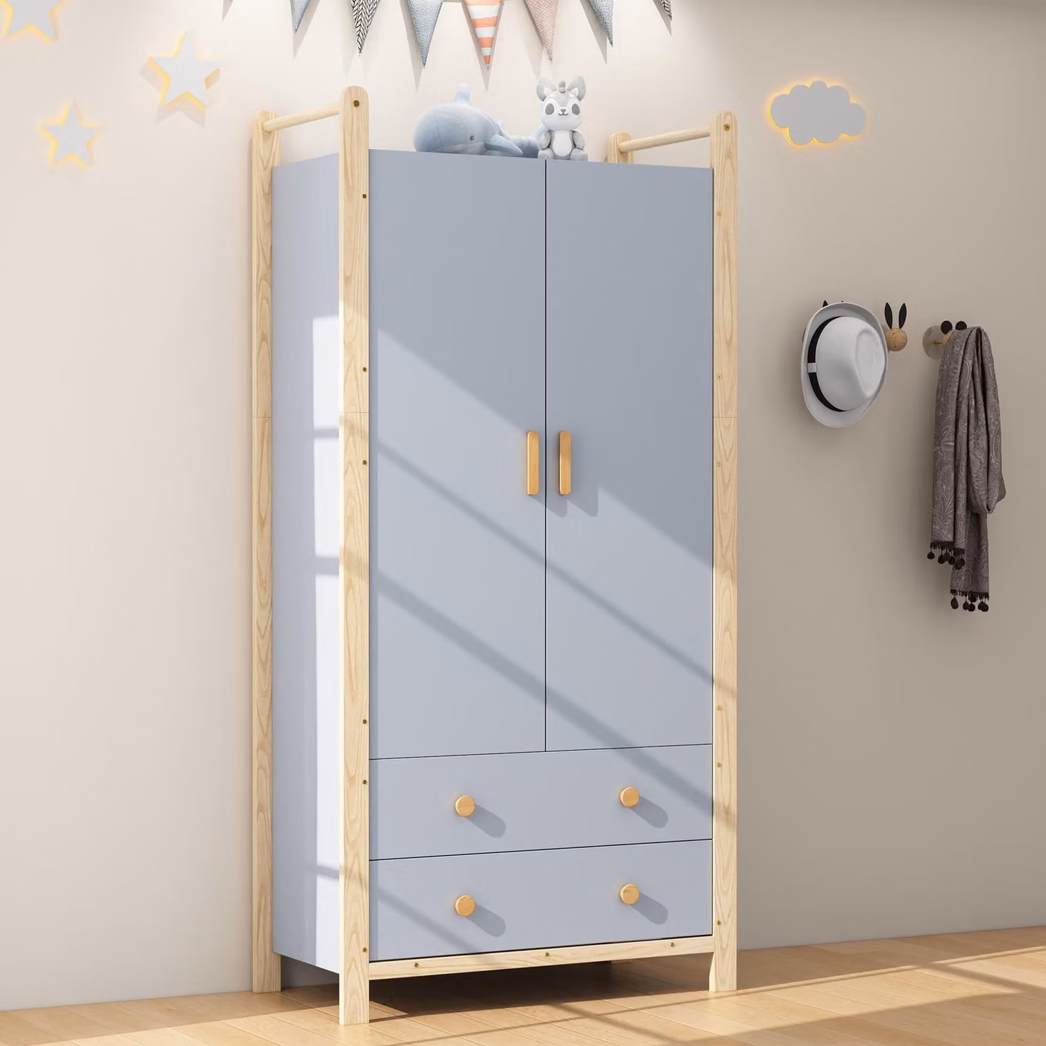 Armadio Sweiko a 2 ante, armadio con asta appendiabiti, 2 cassetti, adatto per camera da letto, soggiorno, corridoio, in truciolato, corpo blu + struttura in pino, 90×45×180cm