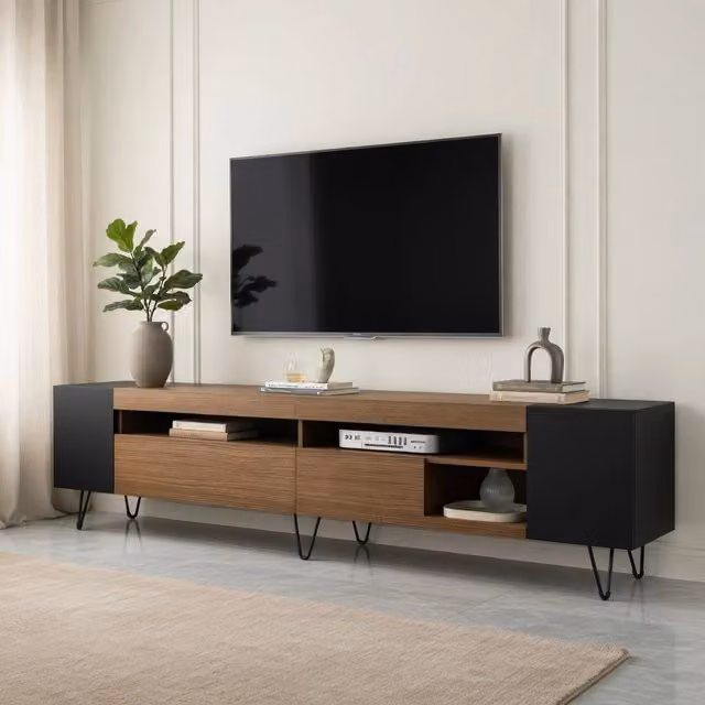 Cassettiera per TV moderna KOMHTOM nera con finitura legno, L: 180 cm, P: 36 cm, H: 43 cm
