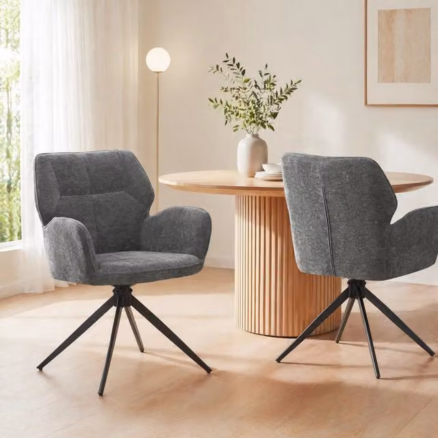 Set da 2 Sedie Girevoli REDOM in Tessuto Chenille Grigio con Braccioli e Ruote L/P/H: 60 x 56 x 59 cm