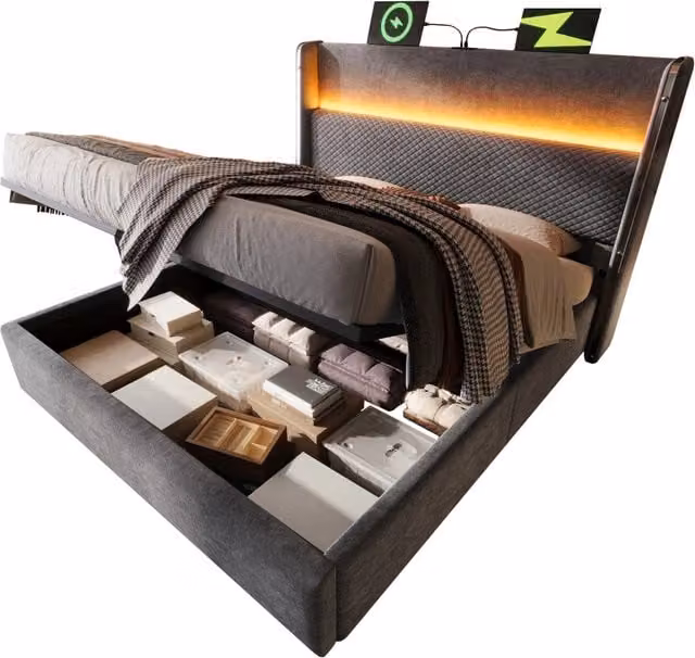 Letto matrimoniale 140x200 cm con contenitore idraulico; LED e USB-C; grigio effetto lino