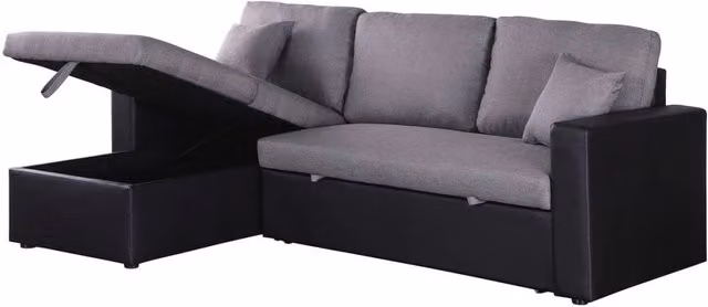 Divano ad angolo trasformabile Alain con contenitore e funzione letto, 3 posti, rivestimento in tessuto e similpelle, Grigio/Nero, L/P/H: 221 x 145 x 85 cm