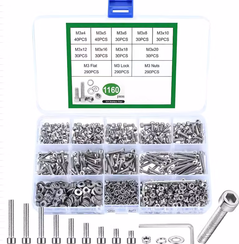 Assortimento di bulloni a testa esagonale in acciaio inossidabile M3, 1160 pezzi