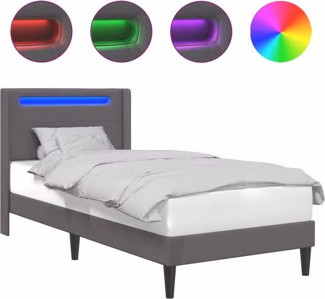 Letto singolo moderno con testiera in similpelle grigia e porta USB, struttura in legno e MDF con illuminazione sottostante, L/P: 100 x 200 cm