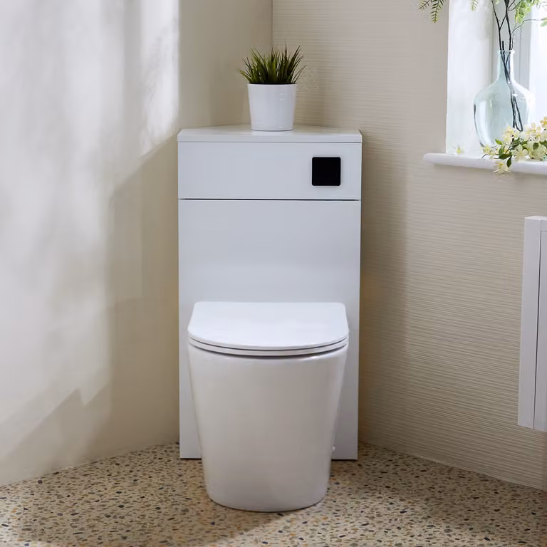 Unità WC Angolare per WC Bianco con Sanitario Colby - con Pulsante di Scarico Nero - Cluo