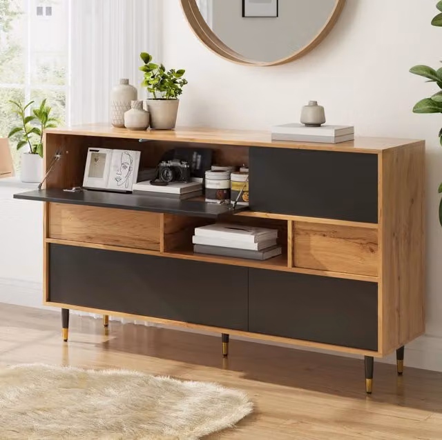 Credenza ULEVR 140x40x84,5 cm con 2 cassetti, vano aperto e ante, nero e naturale