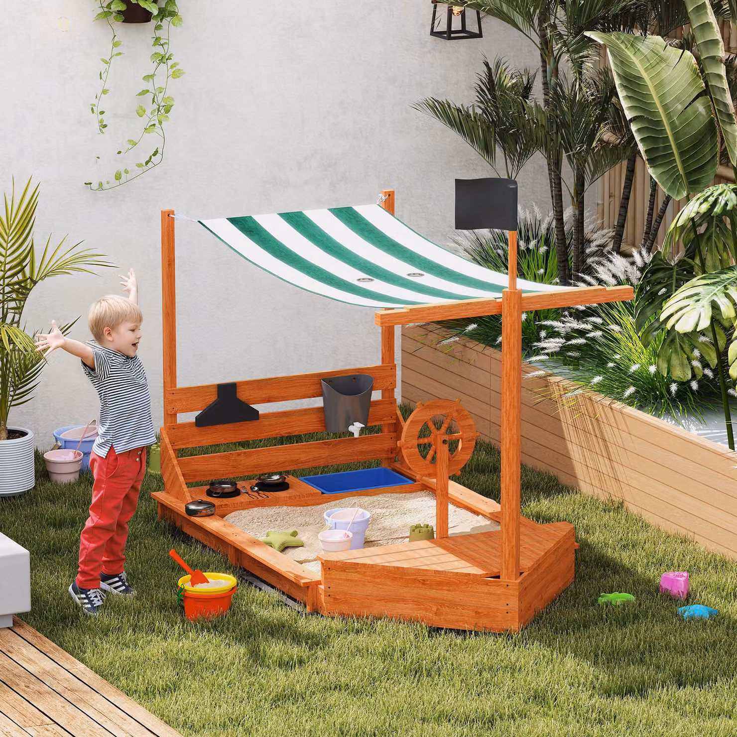 Sabbiera Outsunny a forma di nave pirata in legno massiccio con tetto parasole, Verde e Multicolore, L: 180 cm, P: 103 cm, H: 144,5 cm – 2