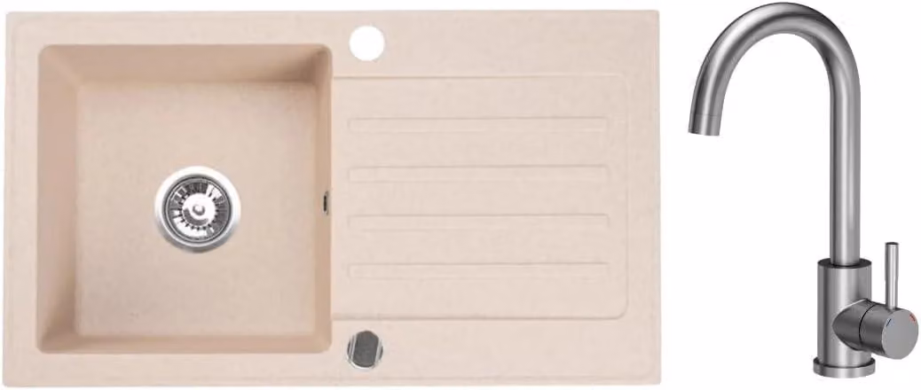 VBChome Lavello in granito 76 x 44 cm Beige con rubinetto Lavello da incasso a vasca singola Reversibile Speckled Lavello di facile manutenzione con sifone