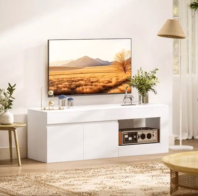 Mobile TV ULEVR 140x40x48 cm con 2 ante, vano aperto e cerniere soft-close, bianco