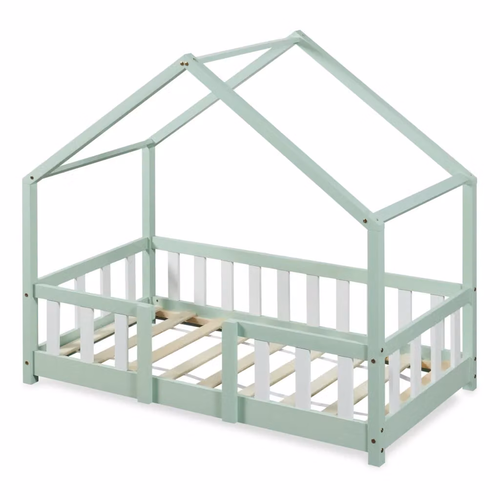 Letto per cameretta Treviolo a forma di casetta in stile Montessori en.casa, legno di pino laccato, Verde Menta/Bianco, 70x140 cm – 2