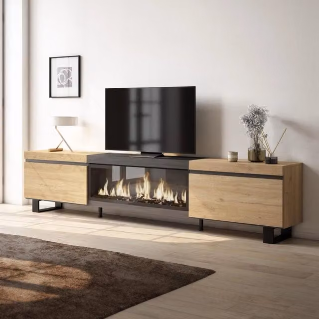 Mobile TV Soggiorno, 267x35x57cm, TV di grande formato, Camino elettrico XXL, Design industriale, colore Rovere e nero RF3603