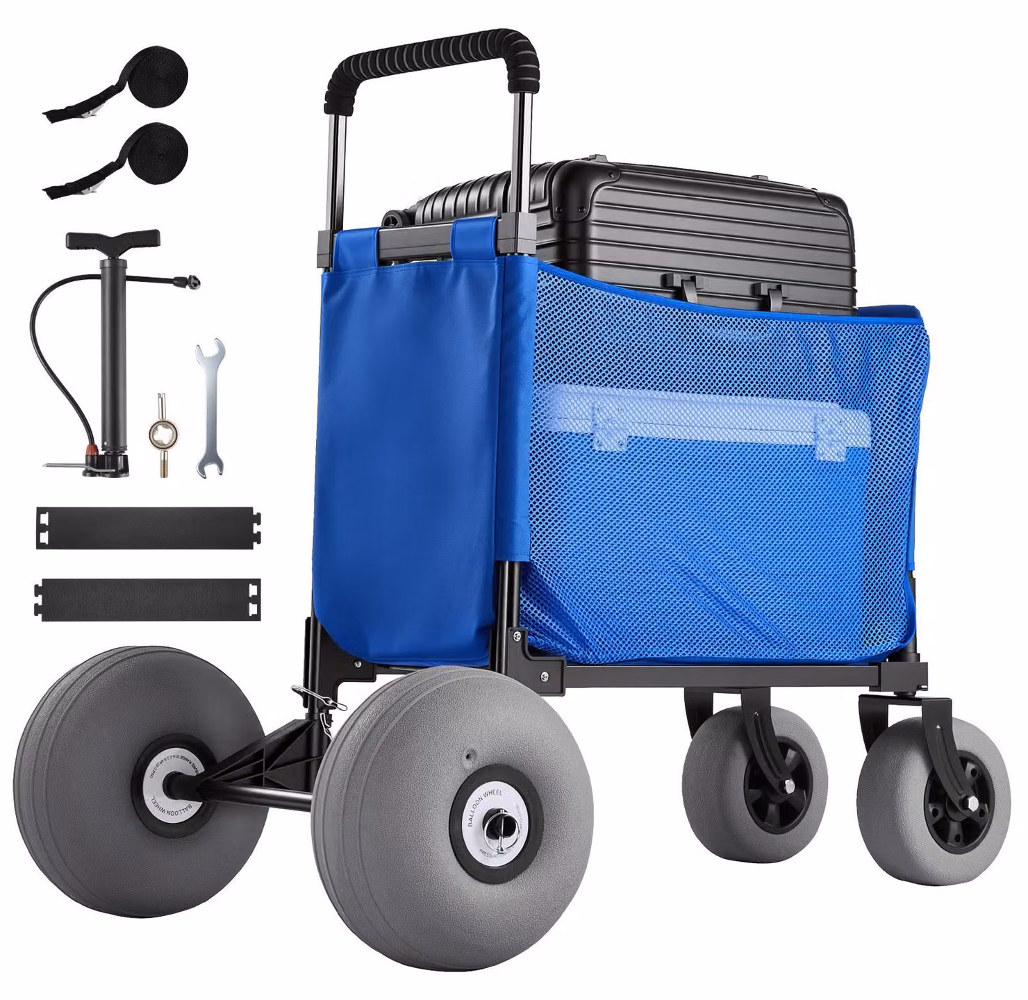 Carrello pieghevole per la spiaggia/carrello portante - Pneumatici gonfiabili da 30,5 cm - Manico in schiuma regolabile in 4 posizioni - Capacità di carico: 75 kg - Include pompa - Ideale per spiaggia, campeggio e giardino
