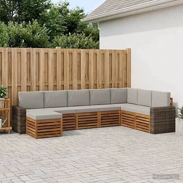 Set di divani da esterno a L con ottoman vidaXL in legno di acacia, beige e grigio, 8 pezzi – 1