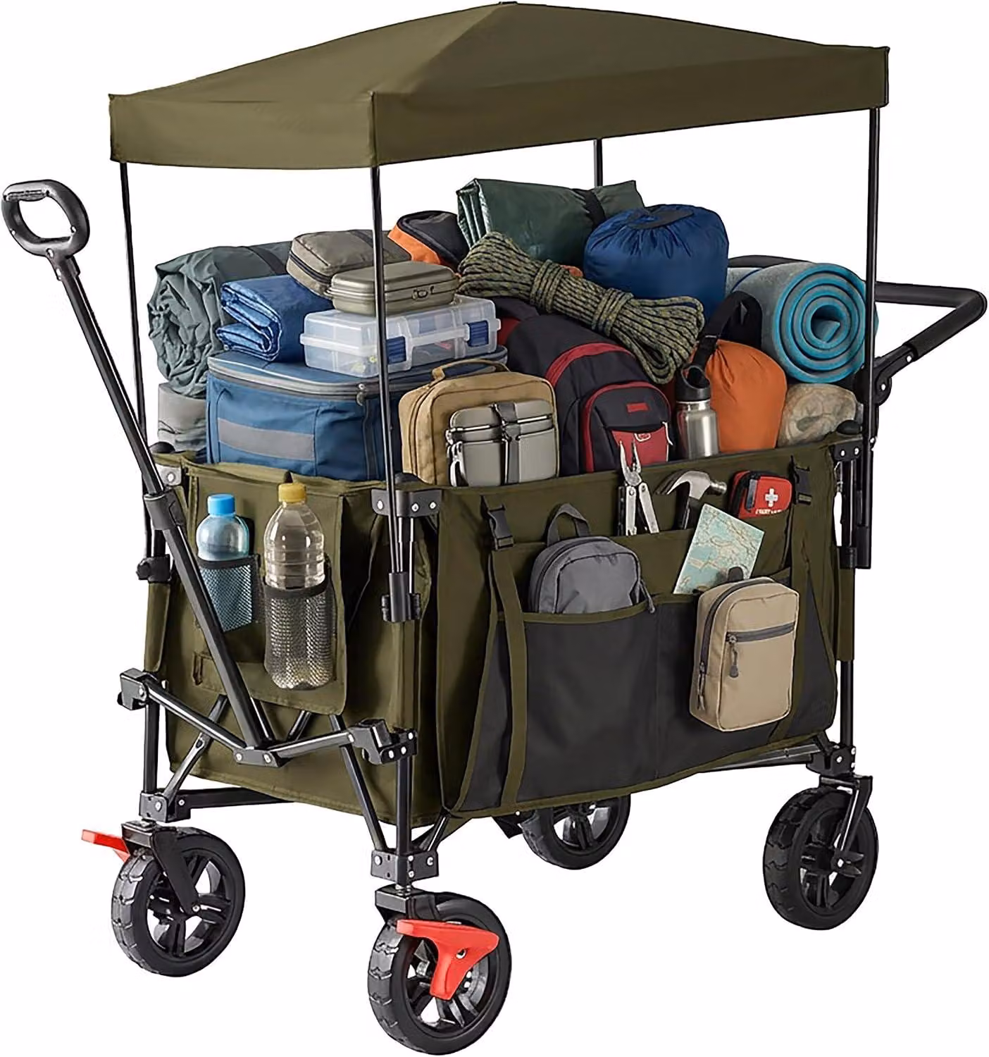 Carrello pieghevole - Portata massima: 150 kg - Con tettuccio - Telescopico - Maniglia spinta - Ruote in gomma con freno - Colore: verde - Dimensioni: 131x54x97 cm