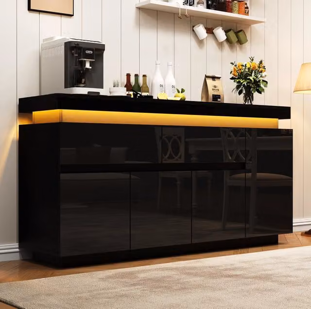 Credenza soggiorno 140 x 35 x 72;5 cm con 2 cassetti; 4 ante; LED e finitura nero lucido