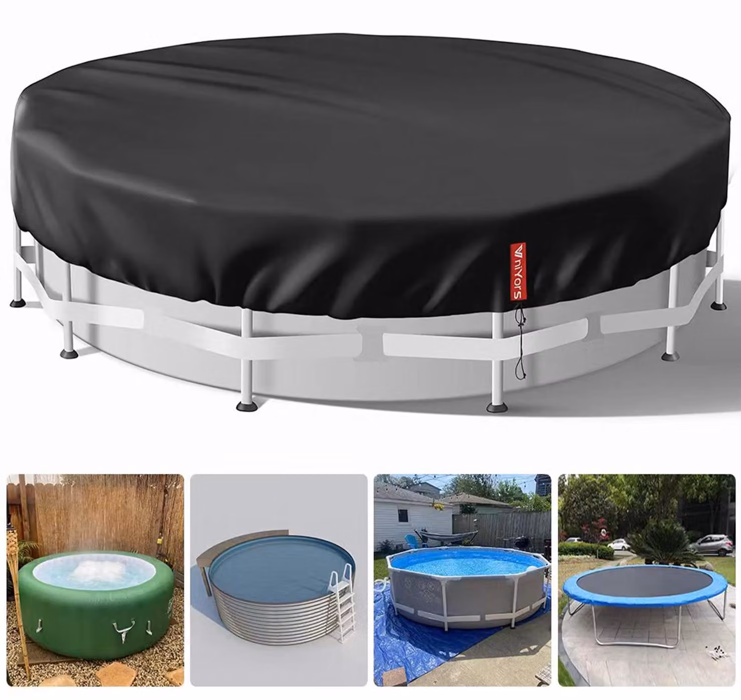 Copertura circolare per piscina, impermeabile, adatta per piscine fuori terra, con corda di traino, colore nero