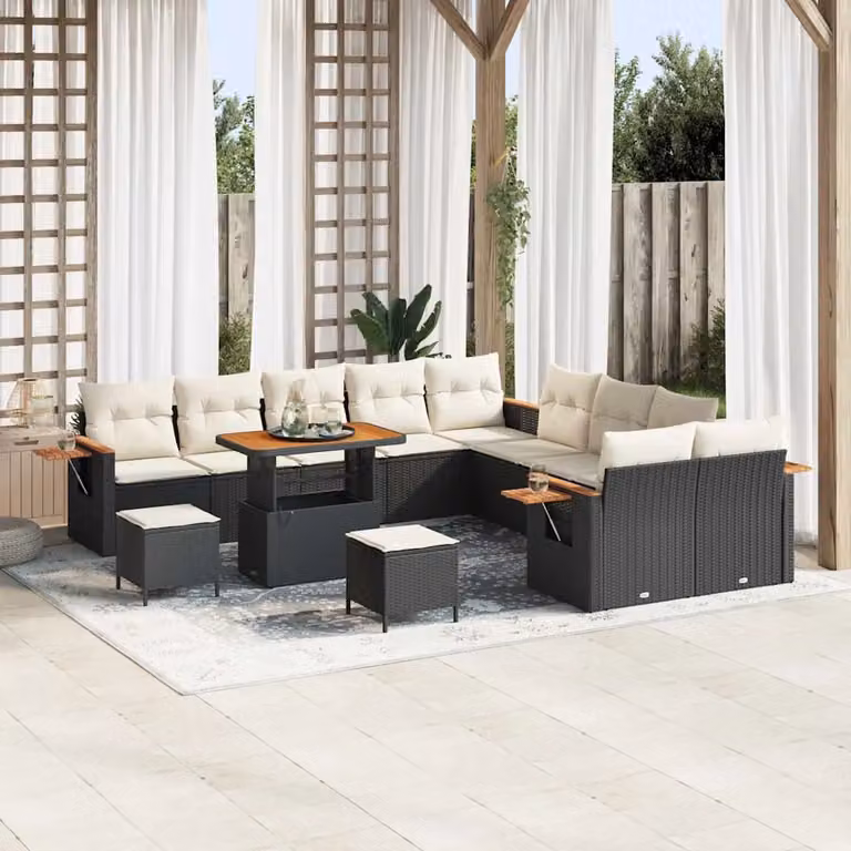Set Divano da Giardino vidaXL 17 Pezzi a Forma di U con Tavolino e Pouf, Colore Nero e Beige
