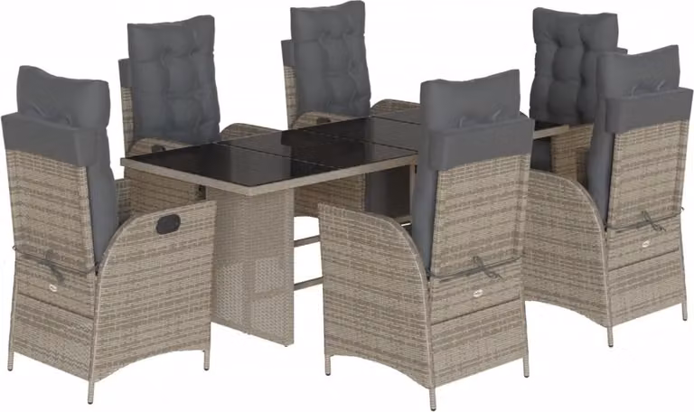 Set da Pranzo da Giardino 7 pz con Cuscini in Polyrattan Grigio