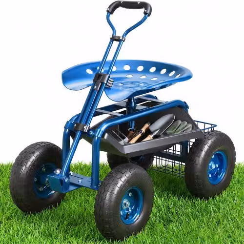Sgabello da giardinaggio con ruote VEVOR blu, sedile girevole a 360° con manico allungabile e vassoio porta attrezzi, L/P/H: 76 x 45 x 96 cm
