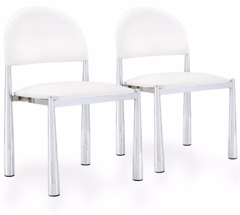 Set di 2 sedie da pranzo in ecopelle, con schienale imbottito a forma semicircolare e gambe in metallo, colore bianco/argento