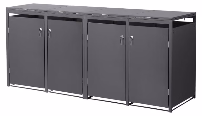 Contenitore per bidoni della spazzatura ML-Design, modello a 4 scomparti, per 4 bidoni, capacità 240 litri ciascuno, dimensioni 264x80x120 cm, colore antracite, materiale acciaio, resistente agli agenti atmosferici e con chiusura a chiave