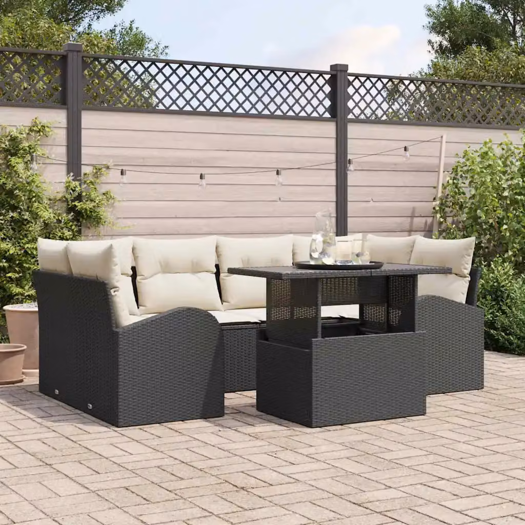 Set Divano da Giardino a L vidaXL in Polyrattan Nero con Cuscini e Tavolino da Esterno 7 Pezzi – 1
