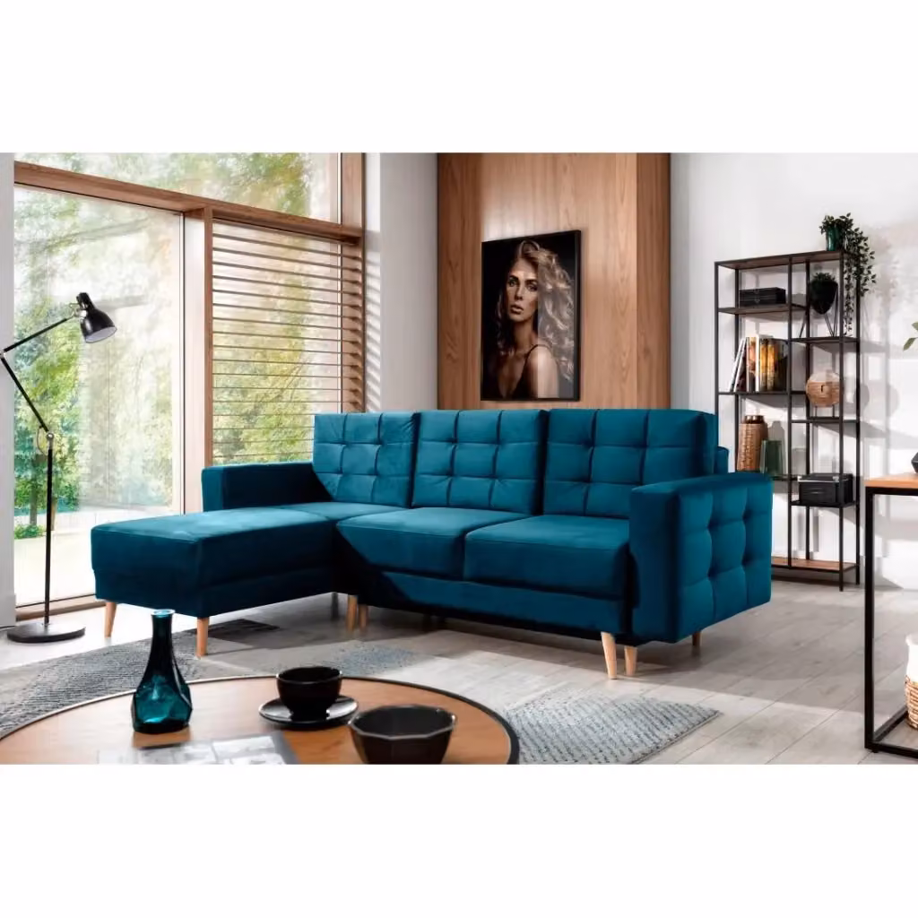 Divano angolare trasformabile MEUBLORAMA modello HASGARD a 3 posti in tessuto blu petrolio con funzione letto e vano contenitore, L/P/H: 248 x 162 x 93 cm – 2