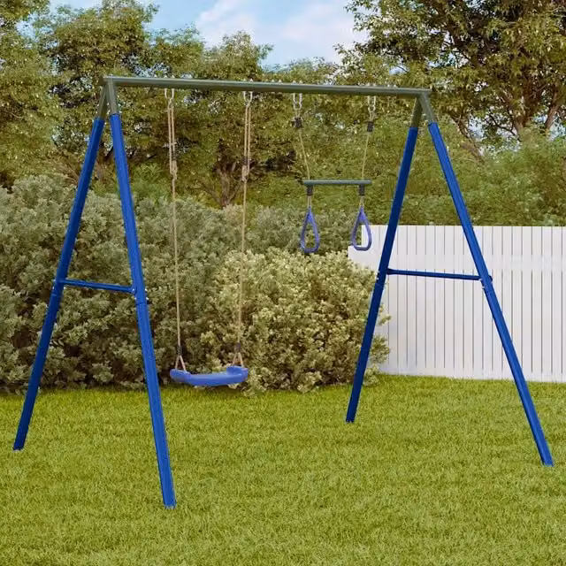 Set Gioco da Esterno con Altalena e Trapezio vidaXL in Metallo e Plastica, Blu e Verde, H 206 x L 185 x P 185 cm – 1