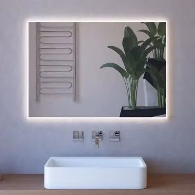 Specchiera rettangolare con retroilluminazione LED grigia e trasparente per bagno, design moderno, L: 100 cm, H: 70 cm