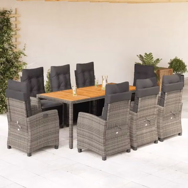 Set da Pranzo da Giardino vidaXL in Polyrattan e Legno di Acacia Grigio, 9 Pezzi