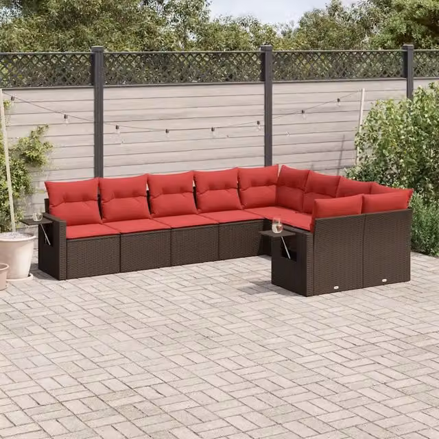 Set Divani da Giardino 9 pz con Cuscini Marrone in Polyrattan 3220643